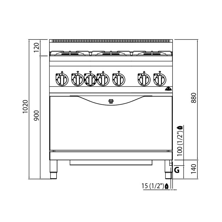 COCINA 6 FOGONES GAS FONDO 60 HORNO MAXI