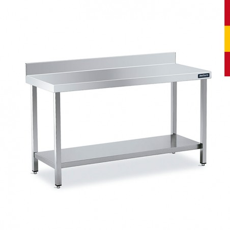 MESA ACERO INOX. PETO Y ESTANTE FONDO 80 CM